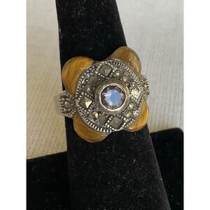 Vintage 925 Sterling Silver tigers eye marcasite gemstone ring size 5.75
